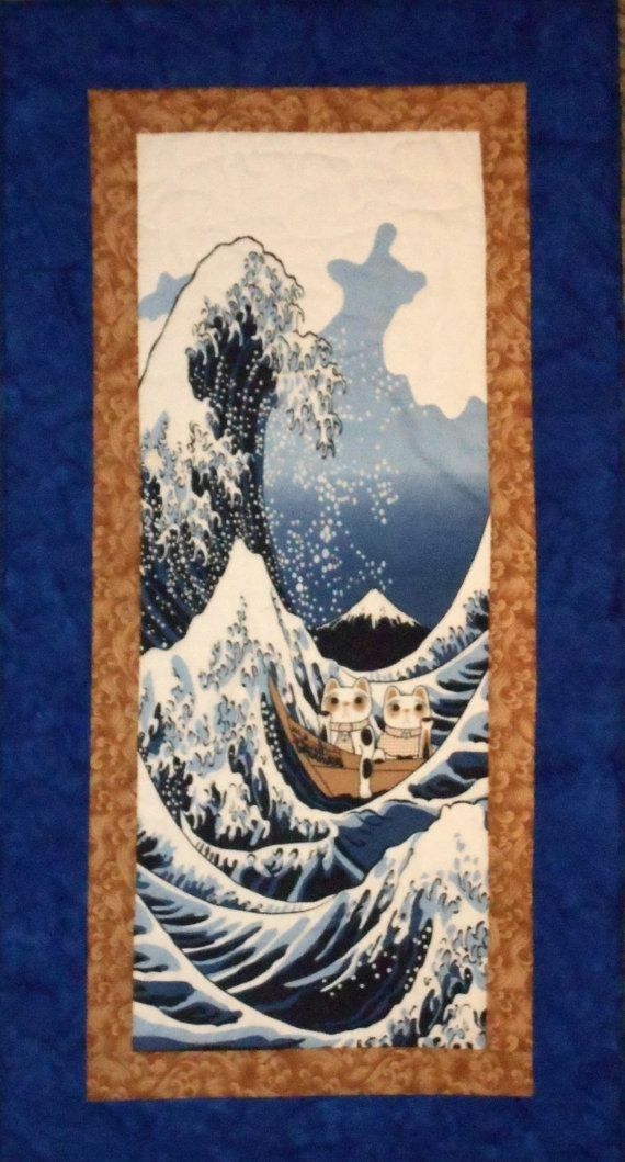 Quilted Wall Hanging Tenugui Japanese Fabric With Cats, Tsunami Pertaining To Japanese Fabric Wall Art (View 7 of 15)