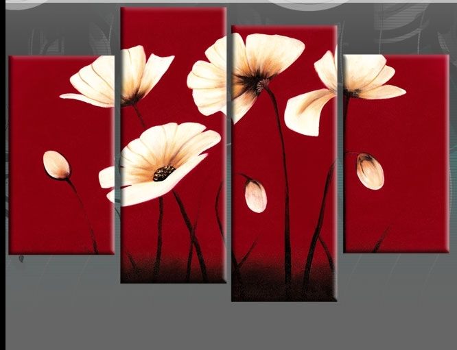 Red Canvas Cream Flowers Floral Wall Art Split Pictures 4 Panel 40 Intended For Canvas Wall Art In Red (View 11 of 15)