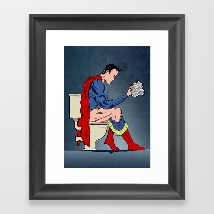 Superhero On Toilet, Restroom, Bathroom Art Framed Art Print With Framed Art Prints For Bathroom (Photo 1 of 15)