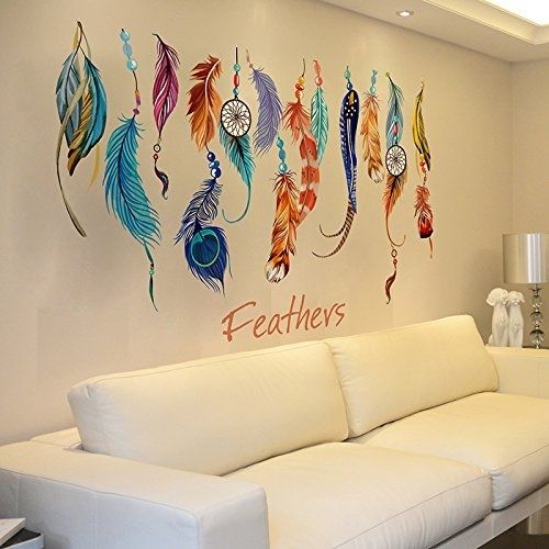 Sworna Nature Series Colorful Beautiful Feathers Vinyl Removable Regarding Removable Wall Accents (View 6 of 15)