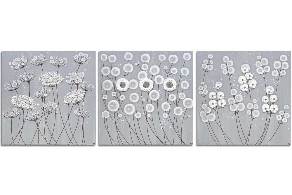 3 Piece Wall Art Flowers In Neutral Gray White – Extra Large | Amborela Intended For Grey And White Wall Art (Photo 1 of 25)