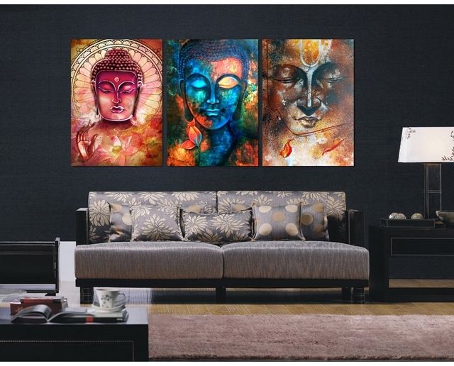 3 Pieces Buddha Image Portrait Art Painting Canvas Wall Art Picture Regarding Living Room Painting Wall Art (Photo 1 of 25)