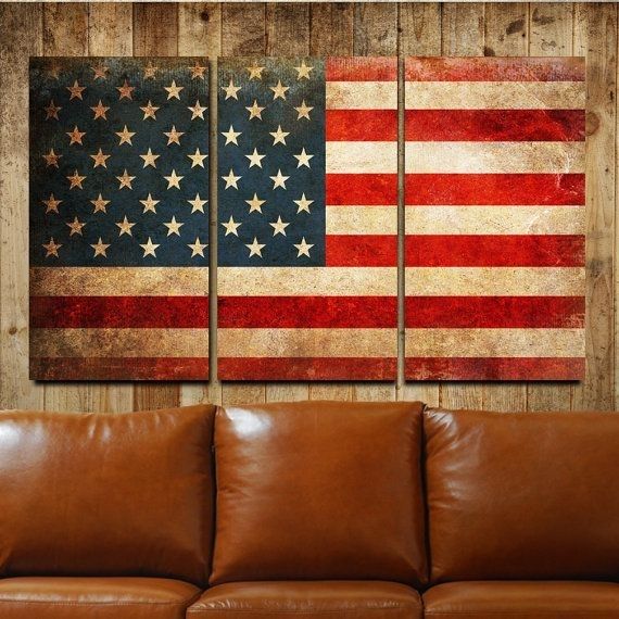 American Flag Rustic Canvas Gallery Wrapped Wall Art Triptych In Rustic American Flag Wall Art (Photo 1 of 25)