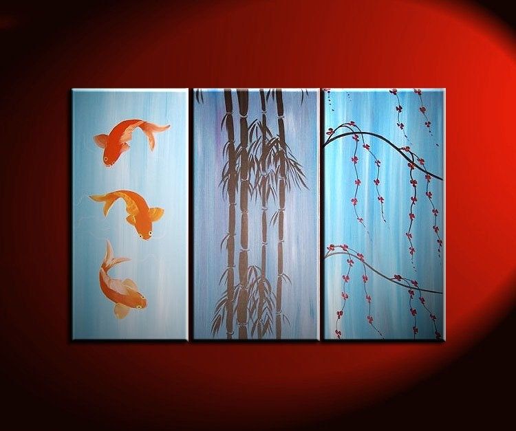 Beautiful Koi Fish Painting In Blues Triptych Wall Art Bamboo Cherry Pertaining To Fish Painting Wall Art (View 11 of 25)