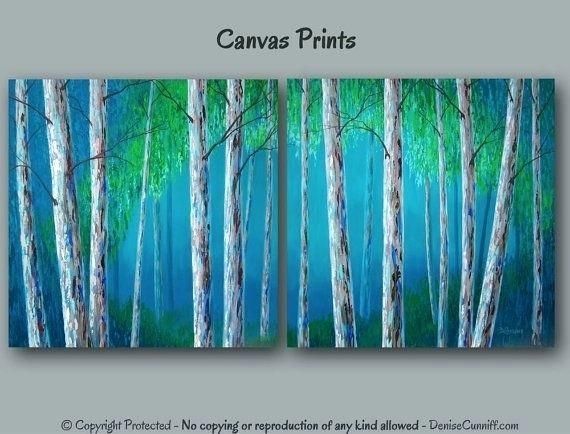 Birch Tree Canvas Wall Art Large Birch Trees Painting Rich Red Regarding Oversized Teal Canvas Wall Art (View 16 of 25)
