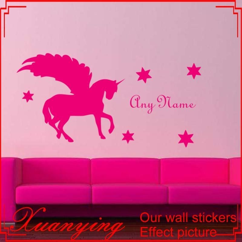 Custom Name Wall Sticker Unicorn Decal Horse With Wings Art Mural Pertaining To Name Wall Art (Photo 21 of 25)