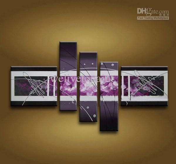 Framed 5 Panel Large Purple Wall Art Abstract Oil Painting On Canvas With Wall Art Panels (Photo 1 of 25)