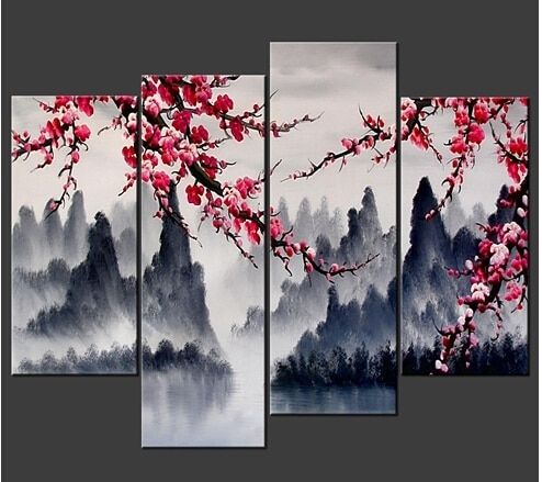 Large Painting Chinese Wall Art Framed 4 Panel Interior Decoration Intended For Chinese Wall Art (Photo 1 of 25)