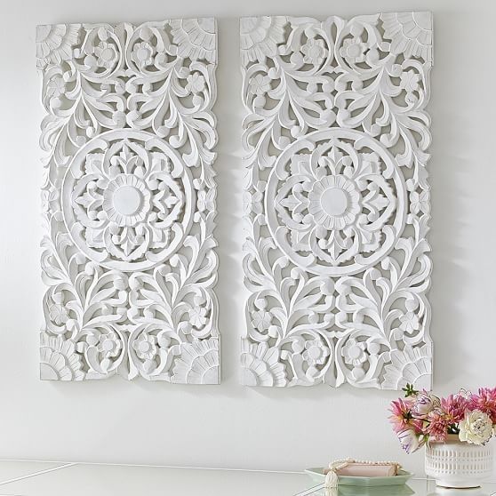 Lennon & Maisy Ornate Wood Carved Wall Art, Set Of 3 | Wall Within White Wall Art (Photo 1 of 20)