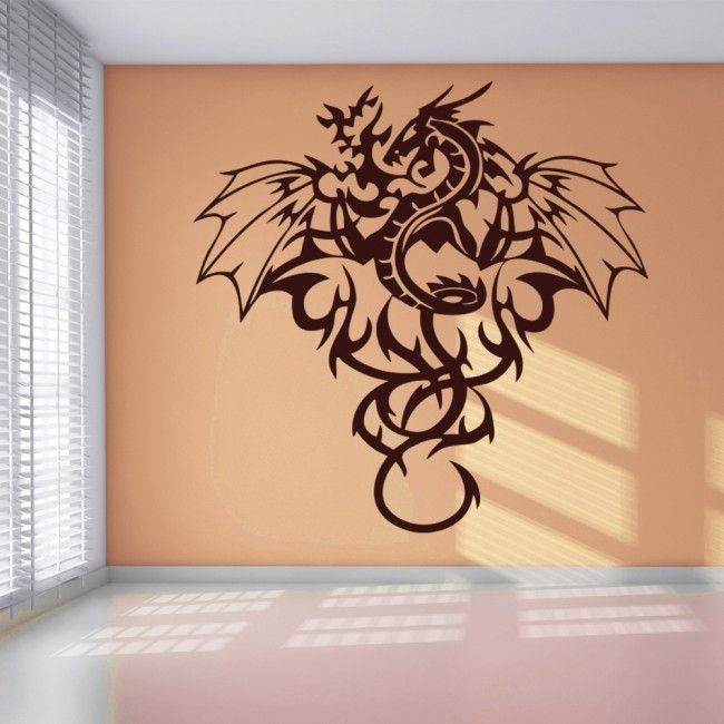 Tribal Dragon Wall Sticker Winged Monster Wall Decal Boys Bedroom Intended For Dragon Wall Art (View 2 of 25)