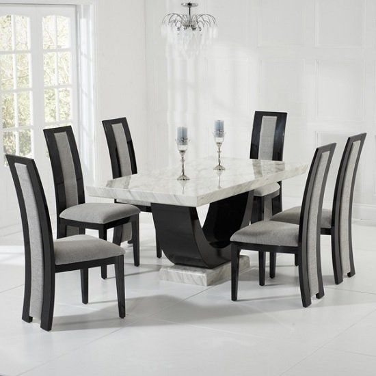 Allie Marble Dining Set In Cream And Black With 6 Grey Regarding Marble Dining Chairs (View 1 of 25)