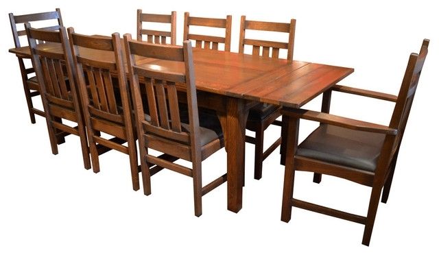 Arts And Crafts Oak Dining Table With 2 Leaves And 8 Dining Chairs With Regard To Craftsman 7 Piece Rectangular Extension Dining Sets With Arm &amp; Uph Side Chairs (View 24 of 25)