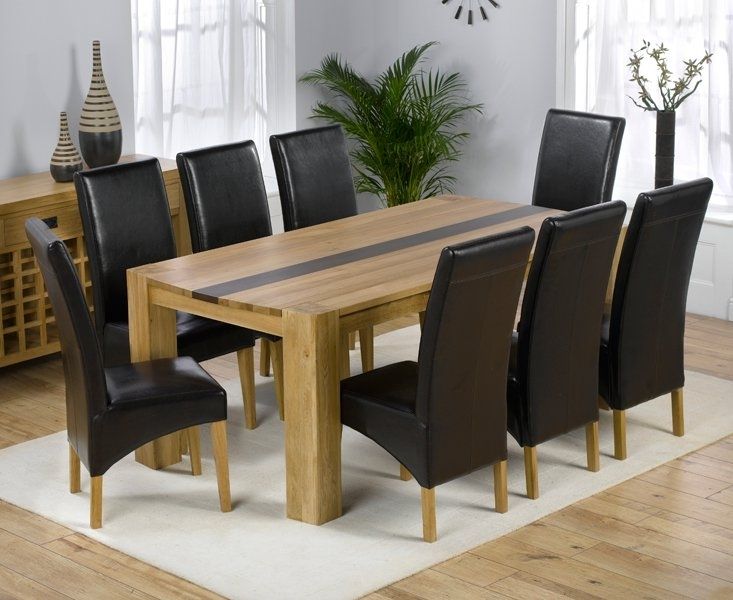 Beatrice Oak Dining Table With Walnut Strip And 8 Leather Pertaining To 8 Seater Oak Dining Tables (View 1 of 25)