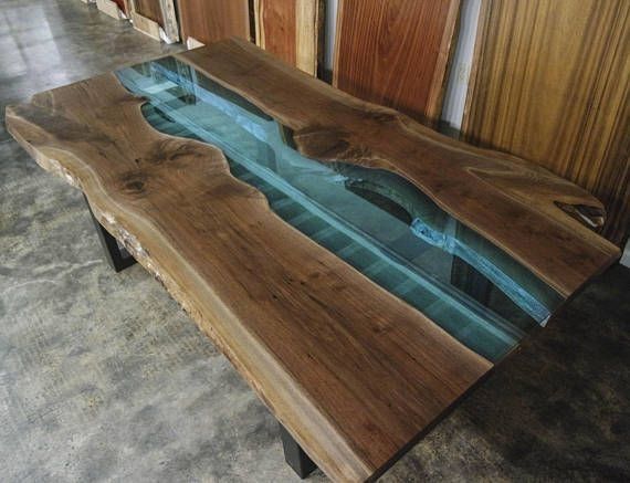 Bookmatched Walnut With Blue Glass River Live Edge Dining Table Item With Regard To Blue Glass Dining Tables (View 9 of 25)