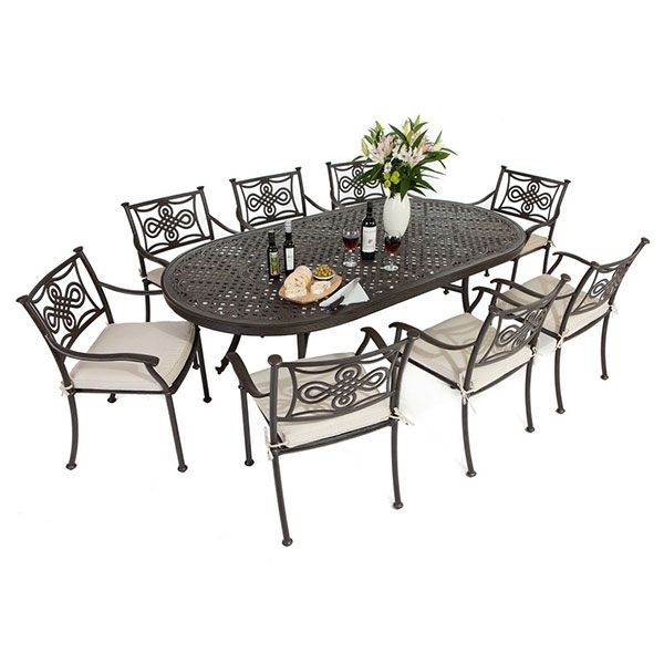 Cast Aluminium 213 X106cm Large Oval Table With 8 Knot Chairs For 8 Seat Outdoor Dining Tables (Photo 1 of 25)