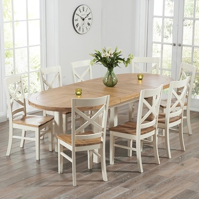 Chevron Oak And Cream Oval Extending Dining Table With 8 Carver Chairs For Cream And Oak Dining Tables (Photo 1 of 25)