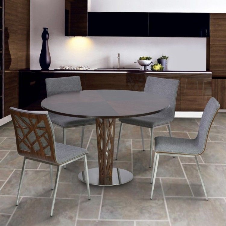 Crystal 48" Round Dining Table In Walnut Veneer Column And Brushed Intended For Crystal Dining Tables (View 16 of 25)