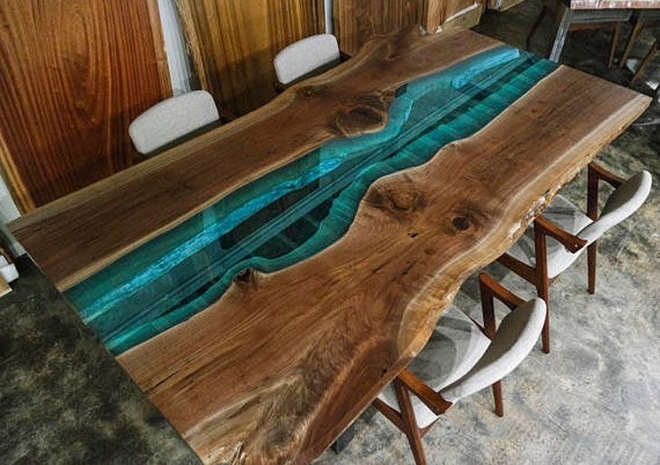 Custom Made Rustic Walnut And Blue Glass Dining Tables – Awesome Inside Blue Glass Dining Tables (View 3 of 25)