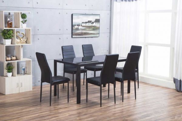 Designer Rectangle Black Glass Dining Table & 6 Chairs Set Inside Dining Table Sets With 6 Chairs (View 11 of 25)