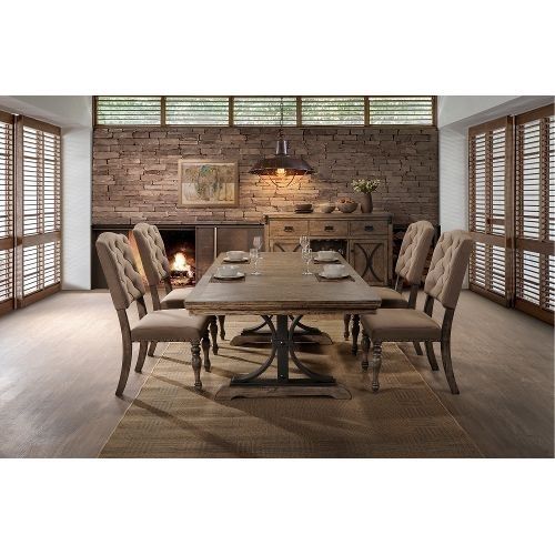 Driftwood 5 Piece Dining Set With Tufted Chairs – Metropolitan Regarding Craftsman 7 Piece Rectangular Extension Dining Sets With Arm & Uph Side Chairs (View 18 of 25)