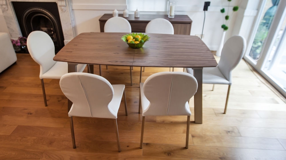 Extending Trendy Walnut Dining Table And Chairs | Brushed Metal Legs In Walnut Dining Table Sets (Photo 1 of 25)