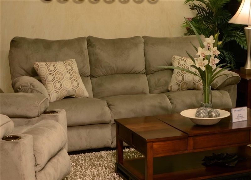 Gavin Reclining Sofa With Drop Down Table In "taupe" Color Fabric In Gavin 6 Piece Dining Sets With Clint Side Chairs (Photo 15 of 25)