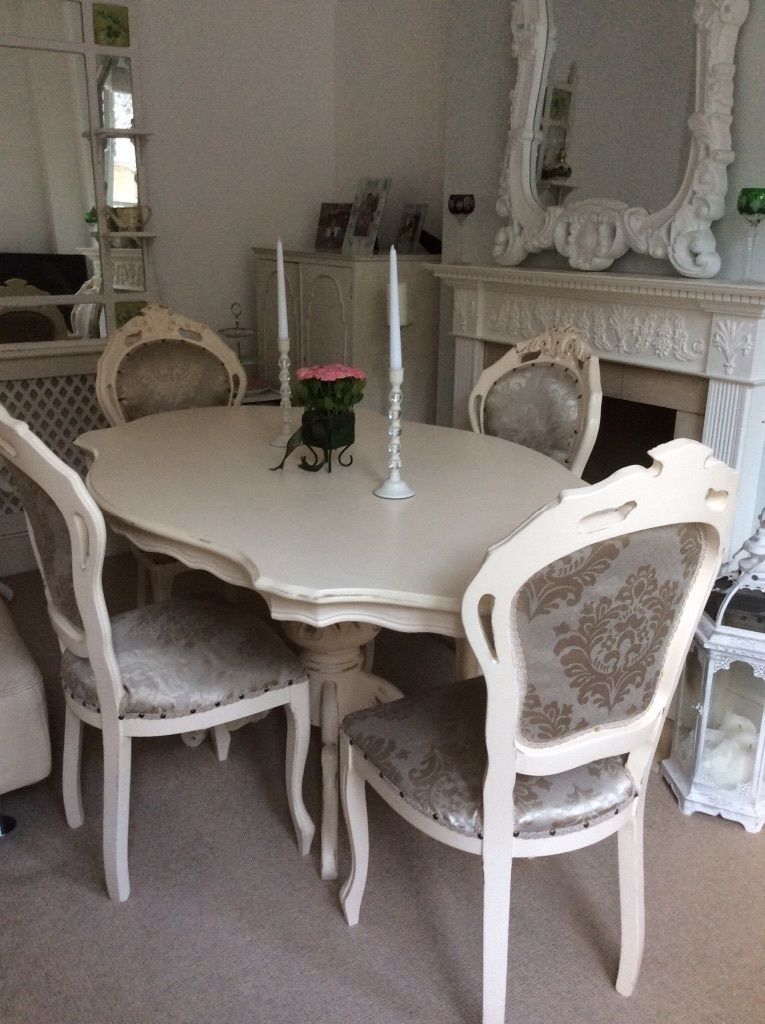 Gorgeous! French Louis Shabby Chic Cream Dining Table 4 Chairs Inside Shabby Chic Cream Dining Tables And Chairs (View 1 of 25)