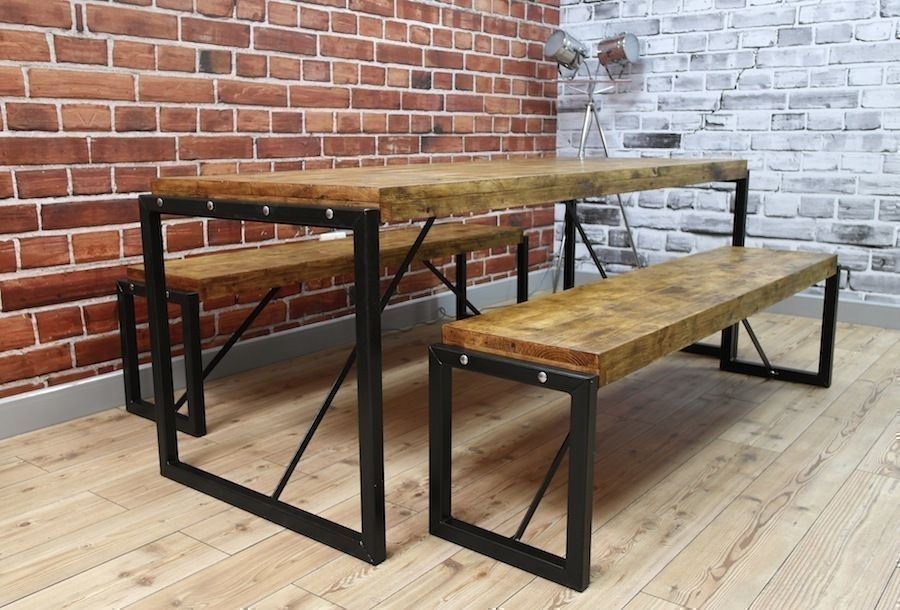 Industrial Dining Table Steel & Reclaimed Wood / Benches / Set | In Throughout Industrial Style Dining Tables (View 11 of 25)