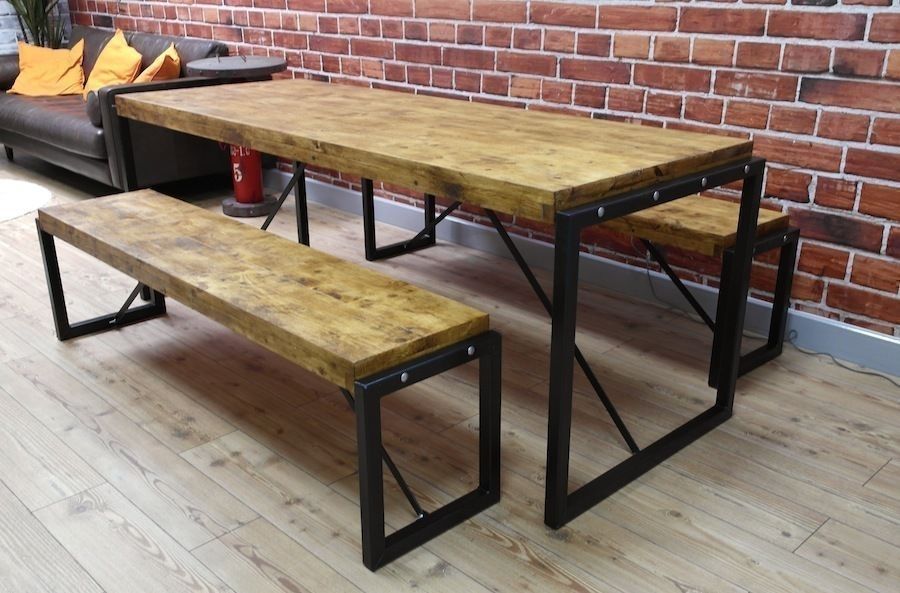 Industrial Steel & Reclaimed Wood Dining Table / Benches / Set | In Within Industrial Style Dining Tables (View 4 of 25)