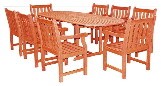 Malibu Outdoor 9 Piece Wood Patio Dining Set, Extension Table Intended For Craftsman 9 Piece Extension Dining Sets (View 1 of 25)