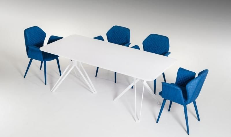 Modern White Glass Dining Table Jeans Fabric Chairs Set 7Pcs Vig With Regard To Blue Glass Dining Tables (View 22 of 25)