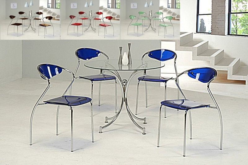 Round Clear Glass Dining Table And 4 Blue Chairs – Homegenies Intended For Blue Glass Dining Tables (View 14 of 25)