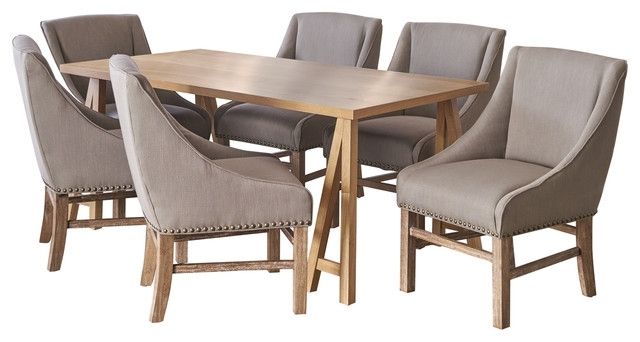 Sarrave Farmhouse Natural Oak 7 Piece Dining Set With Silver Fabric For Walden 7 Piece Extension Dining Sets (View 11 of 25)