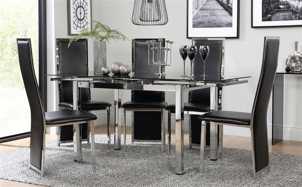 Space Chrome & Black Glass Extending Dining Table With 6 Celeste For Black Glass Extending Dining Tables 6 Chairs (Photo 1 of 25)