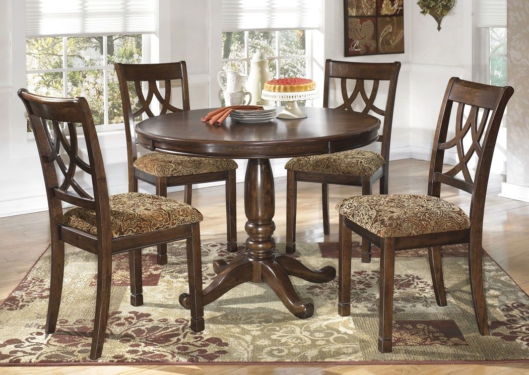 St. Germain's Furniture Leahlyn Round Dining Table W/4 Side Chairs Intended For Craftsman 9 Piece Extension Dining Sets With Uph Side Chairs (Photo 12 of 25)
