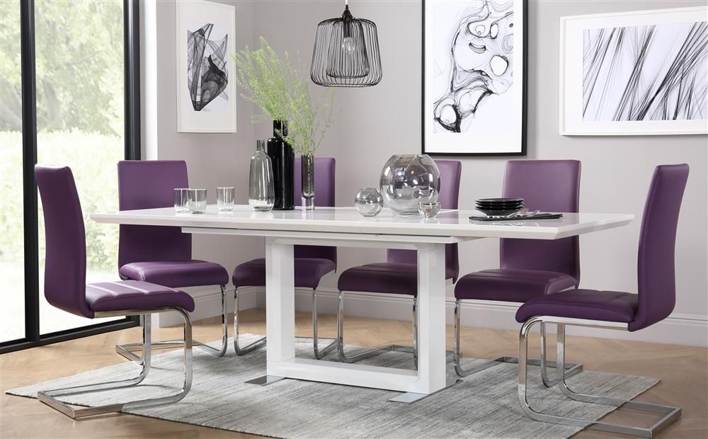 Tokyo White High Gloss Extending Dining Table And 8 Chairs Set For Dining Tables And Purple Chairs (View 1 of 25)