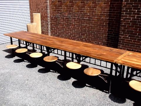 Vintage Industrial Cafeteria Dining Table – Hudson Goods Blog With Dining Tables With Attached Stools (View 6 of 25)