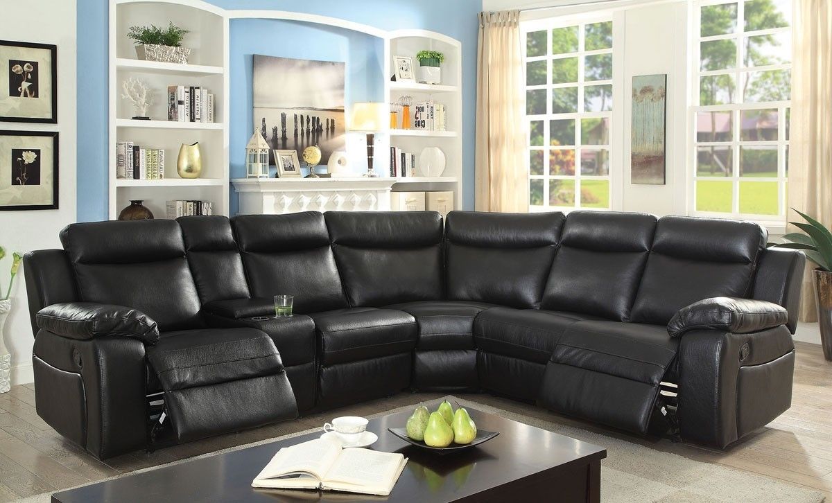 Waylon Recliner Sectional Black Leather Throughout Waylon 3 Piece Power Reclining Sectionals (Photo 2 of 25)