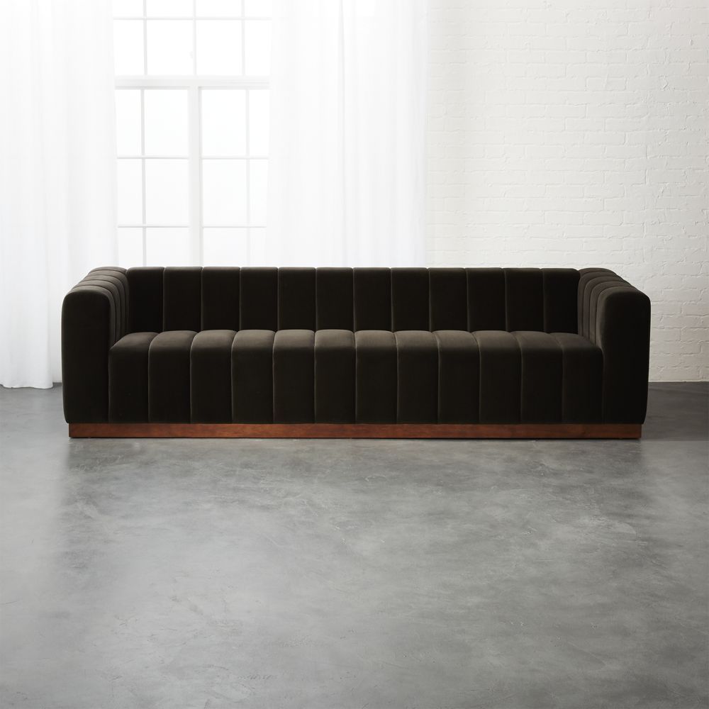Cb2 – October Catalog 2018 – Forte Channeled Charcoal Velvet Sofa Throughout Caressa Leather Dark Grey Sofa Chairs (View 22 of 25)