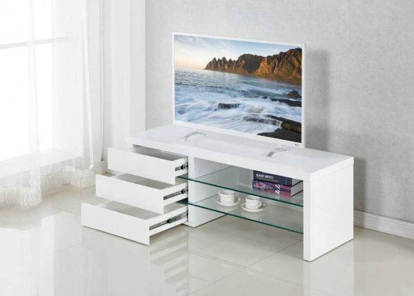 Contemporary White Tv Stand With Glass Shelves (Photo 7119 of 7825)