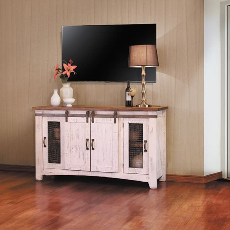 Famous Murphy 72 Inch Tv Stands Throughout Pueblo White Barn Door Tv Stand (Photo 1 of 25)