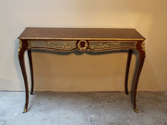 French Style Marquetry Inlay Hall Table Long Brass Mounted Console Throughout 2018 Orange Inlay Console Tables (View 6 of 25)