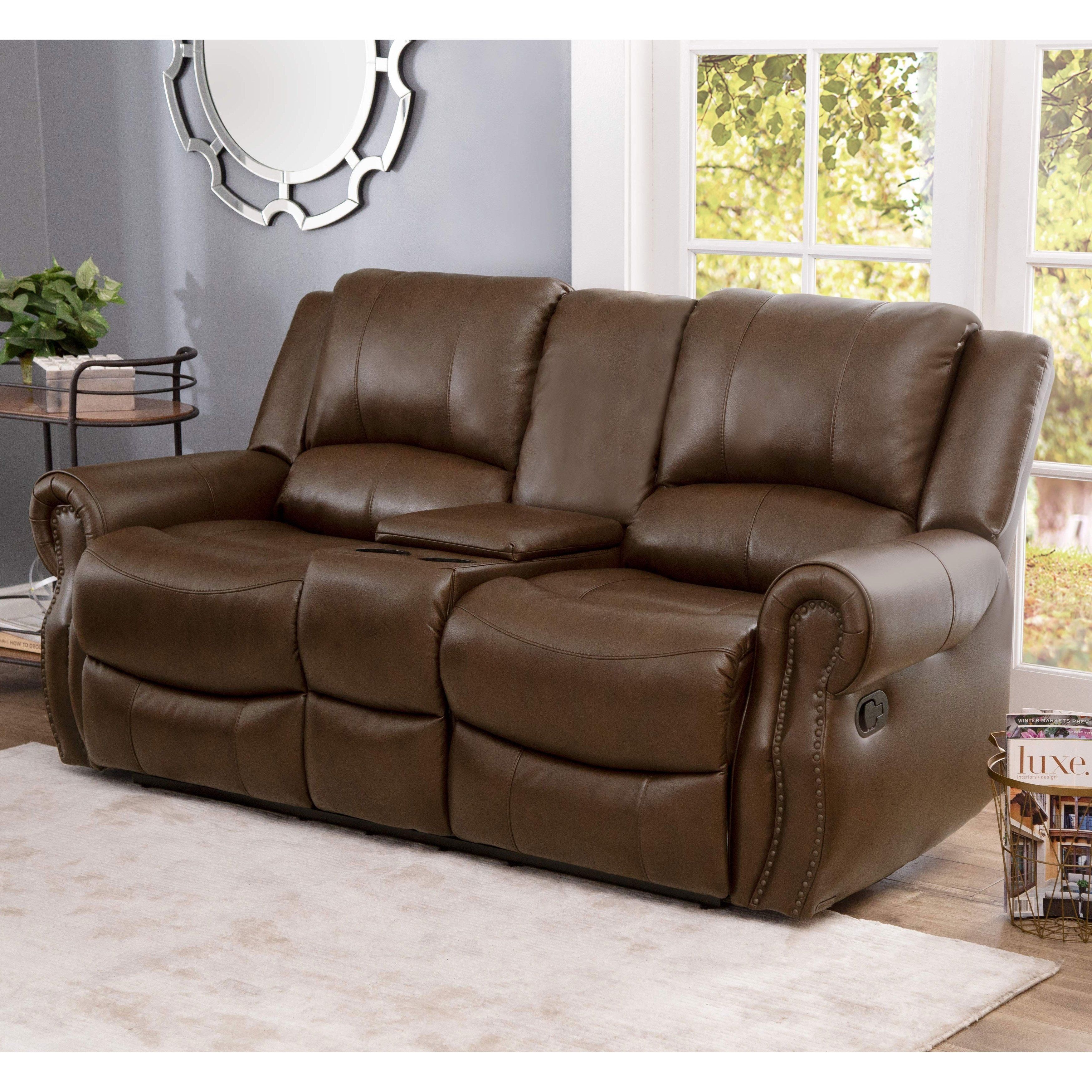 Shop Abbyson Calabasas Mesa Brown Leather Reclining Console Loveseat In Mesa Foam Oversized Sofa Chairs (Photo 24 of 25)