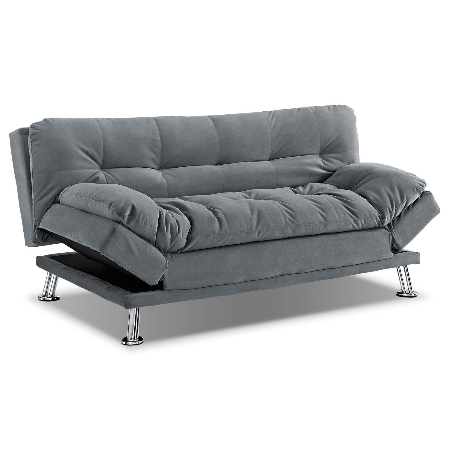 Waltz Gray Futon Sofa Bed | Value City Furniture | Bel Air Move Inside Moana Blue Leather Power Reclining Sofa Chairs With Usb (View 8 of 25)