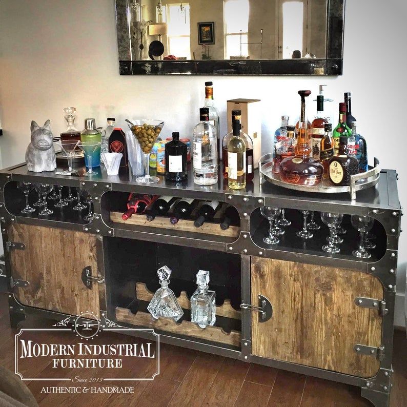Modern Industrial Wine Cabinet | Credenza Bar Storage | Liquor Cabinet |  Buffet | Sideboard Pertaining To Castellanos Modern 5 Piece Counter Height Dining Sets (View 23 of 25)