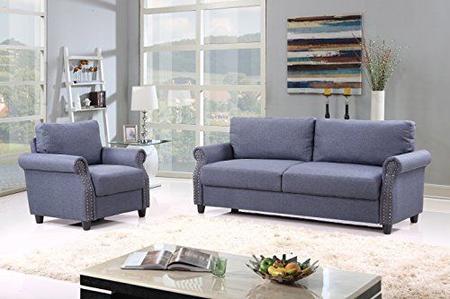 2 Piece Classic Linen Fabric Living Room Sofa And Armchair With Regard To 2pc Polyfiber Sectional Sofas With Nailhead Trims Gray (View 12 of 15)