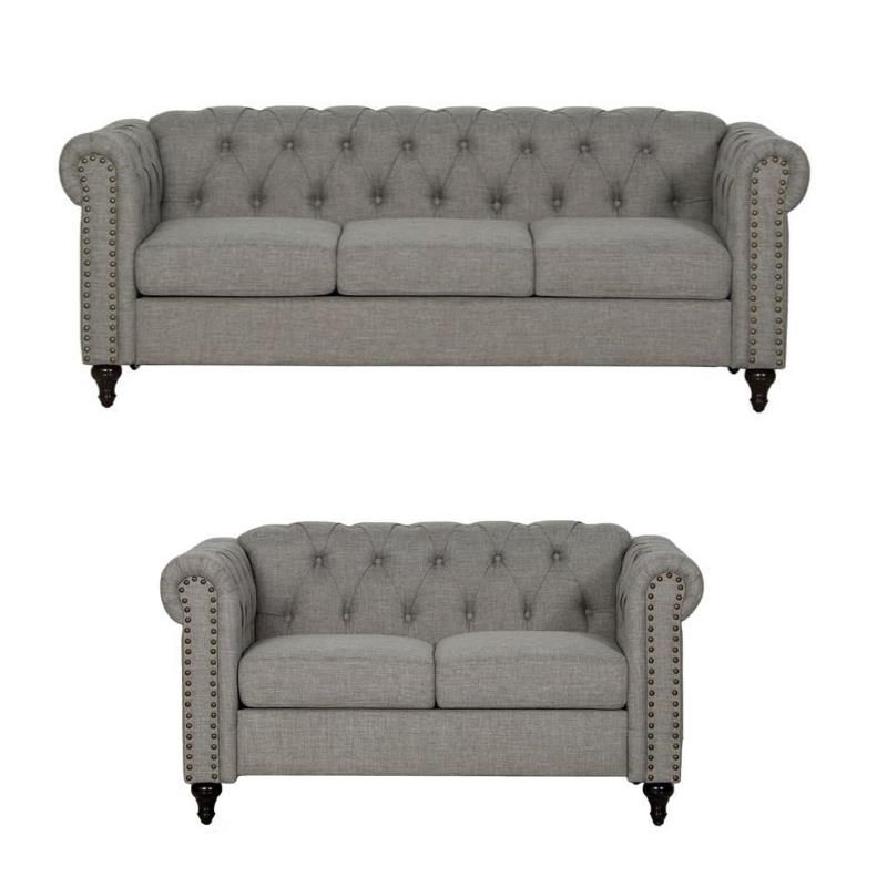 2 Piece Nailhead Trim Sofa And Loveseat Set In Gray Pertaining To 2pc Polyfiber Sectional Sofas With Nailhead Trims Gray (View 15 of 15)