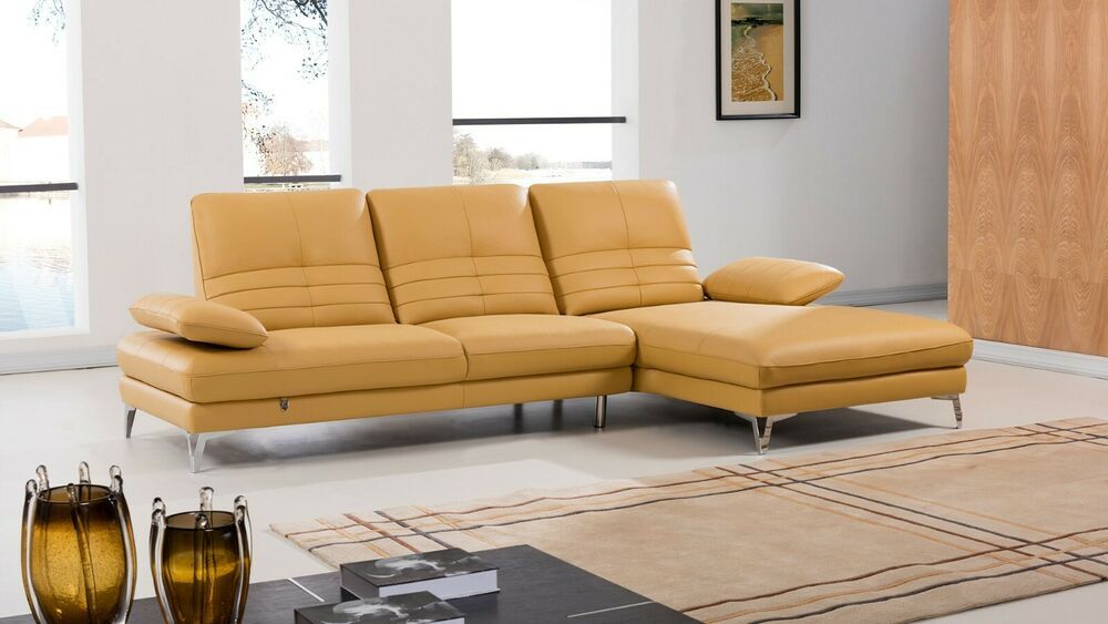 2pc Modern Yellow Italian Top Grain Leather Sofa Chaise Intended For 2pc Burland Contemporary Chaise Sectional Sofas (Photo 9 of 15)
