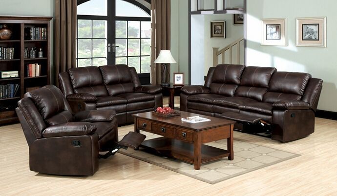 3 Pc. Classic Style Ripon Brown Bonded Leather Reclining Regarding 3pc Bonded Leather Upholstered Wooden Sectional Sofas Brown (Photo 9 of 15)