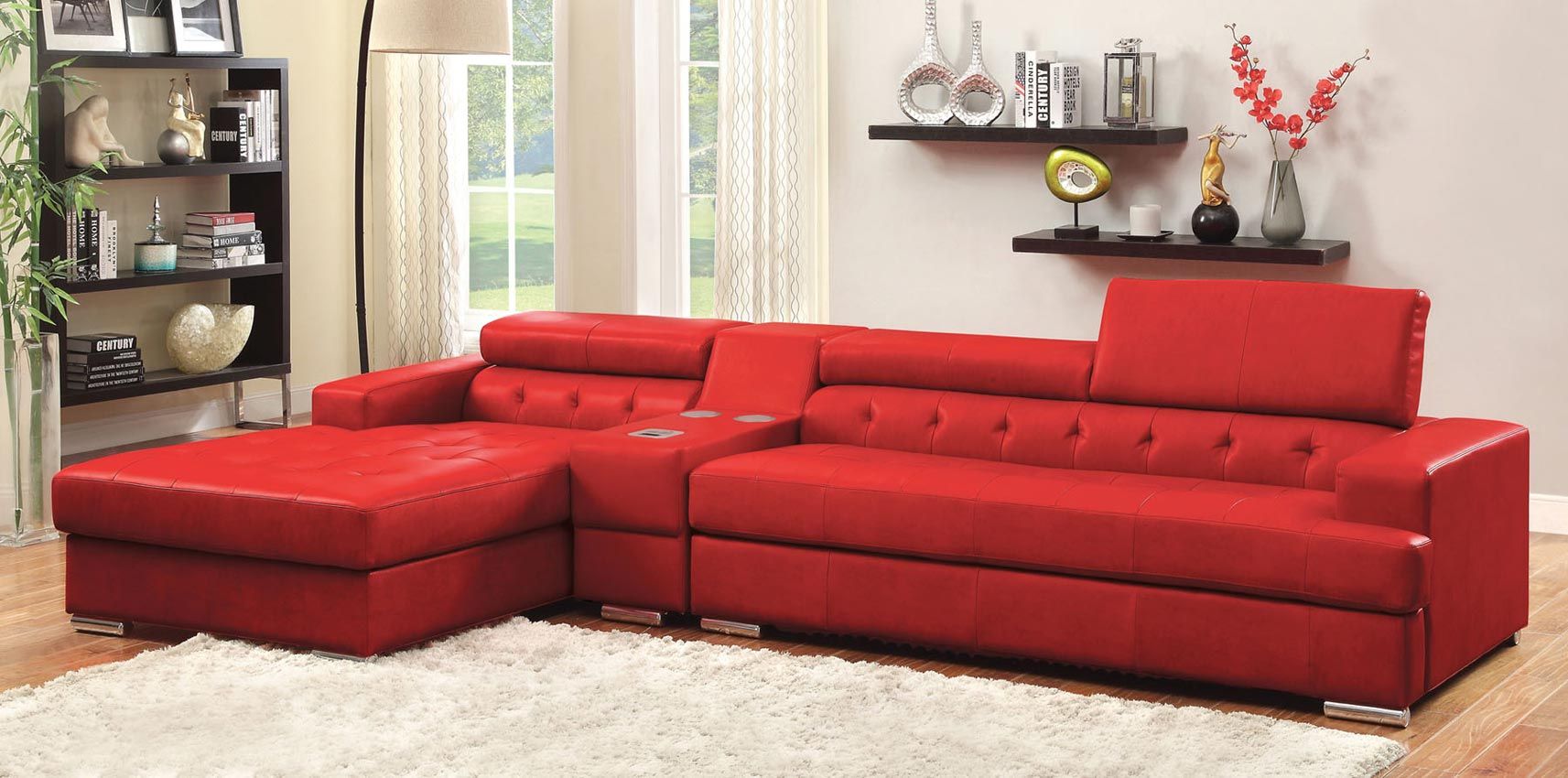 3 Pcs Red Leather Sofa Set With Console Within Red Sofas (View 4 of 15)